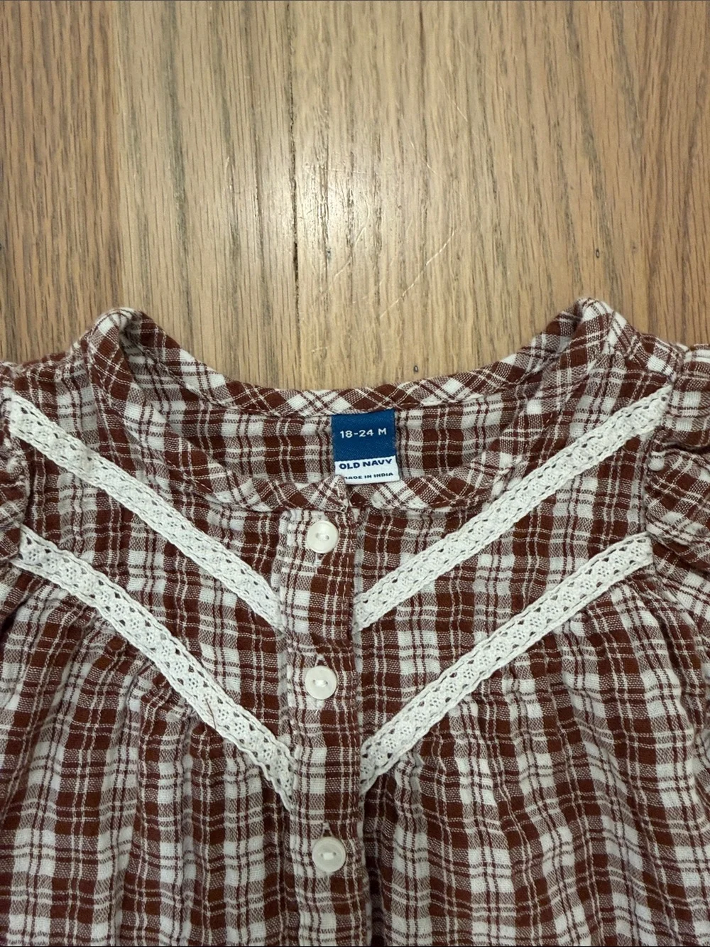 Old Navy Girls' Brown 100% Cotton Plaid Button-Front Top with Lace Trim 24m NWOT